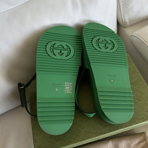 NEW GUCCI WOMENS SANDALS SLINGBACK LOGO GG GREEN SZ 39 - Picture 4 of 7